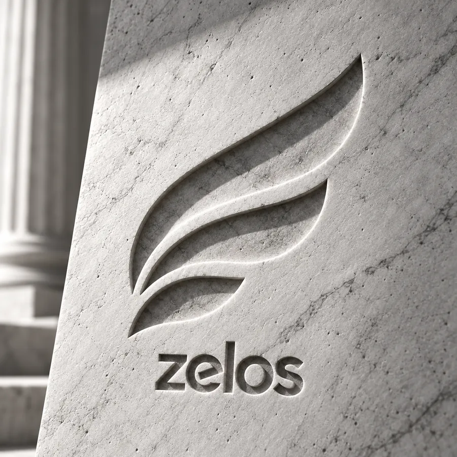 The Zelos wing and wordmark carved into white marble